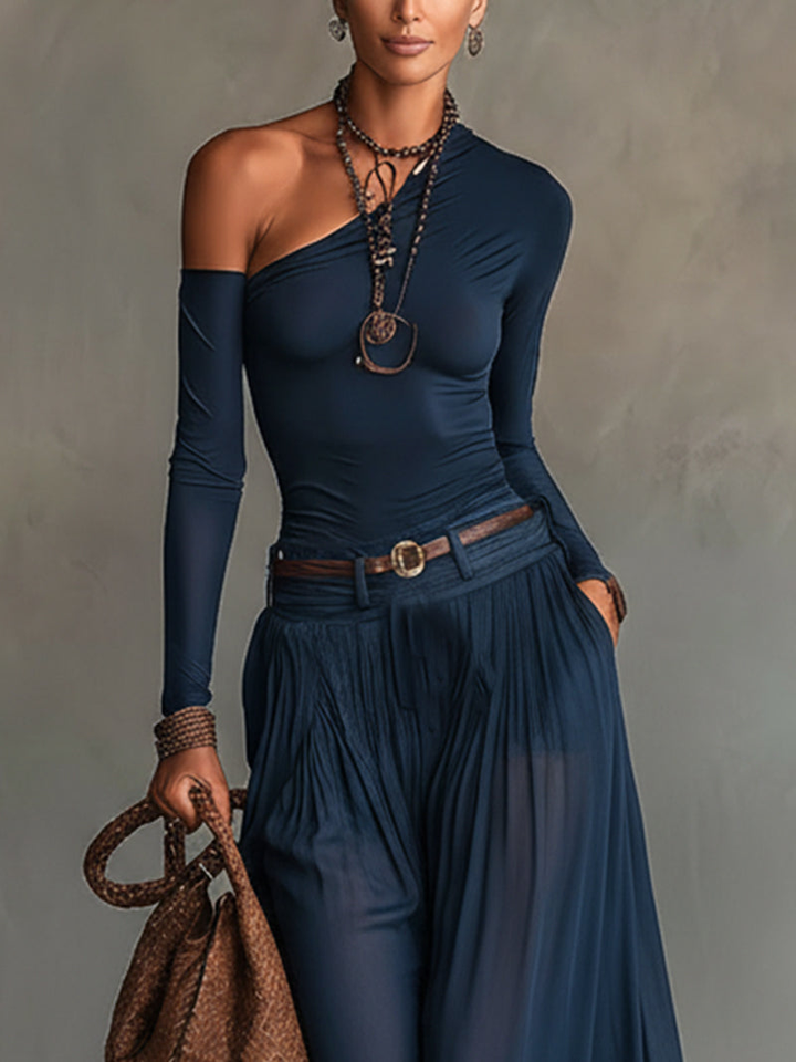 Hnisa – Jumpsuit Med Plissering, Én Skulder Og Brede Ben