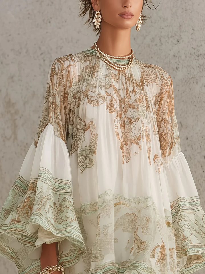 Reba – Minikjole I Chiffon Med Barokmønster Og Bølgende Flæser