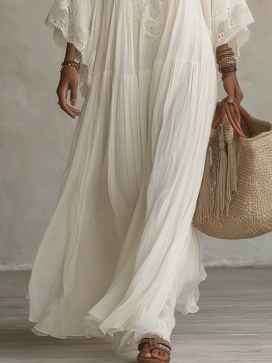 Shimmila – Maxi-kjole i Chiffon Med Batwing-ærmer og Blonder