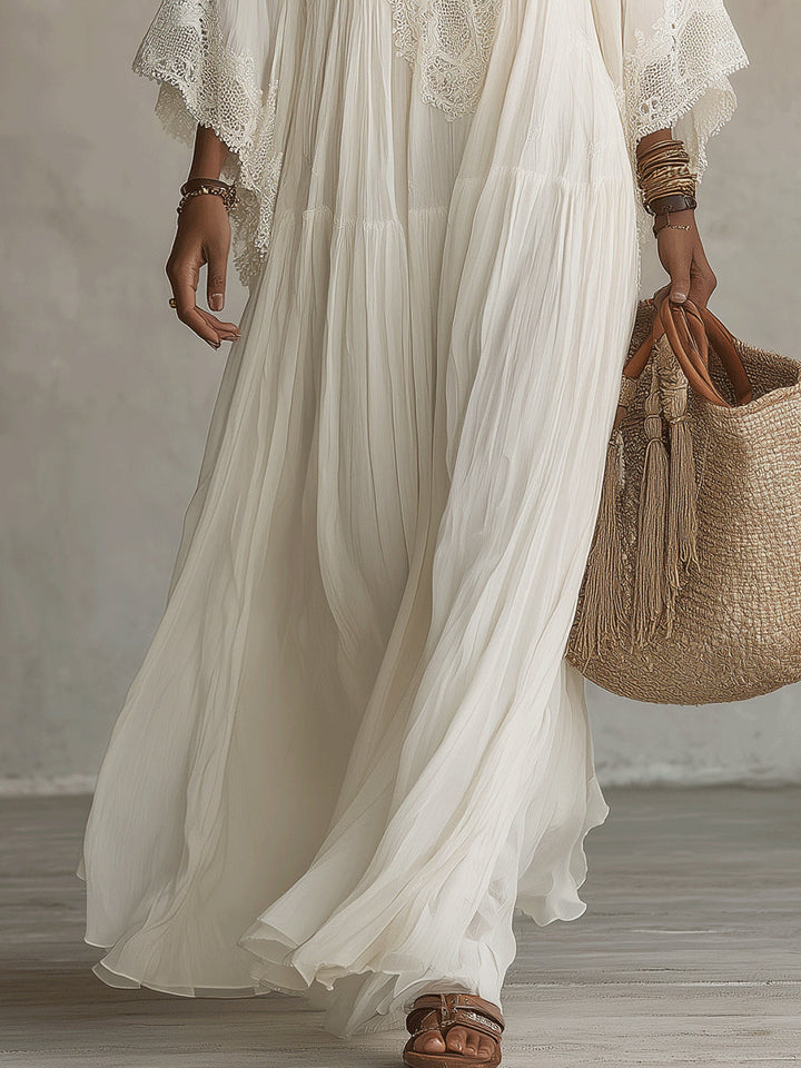 Shimmila – Maxi-kjole i Chiffon Med Batwing-ærmer og Blonder