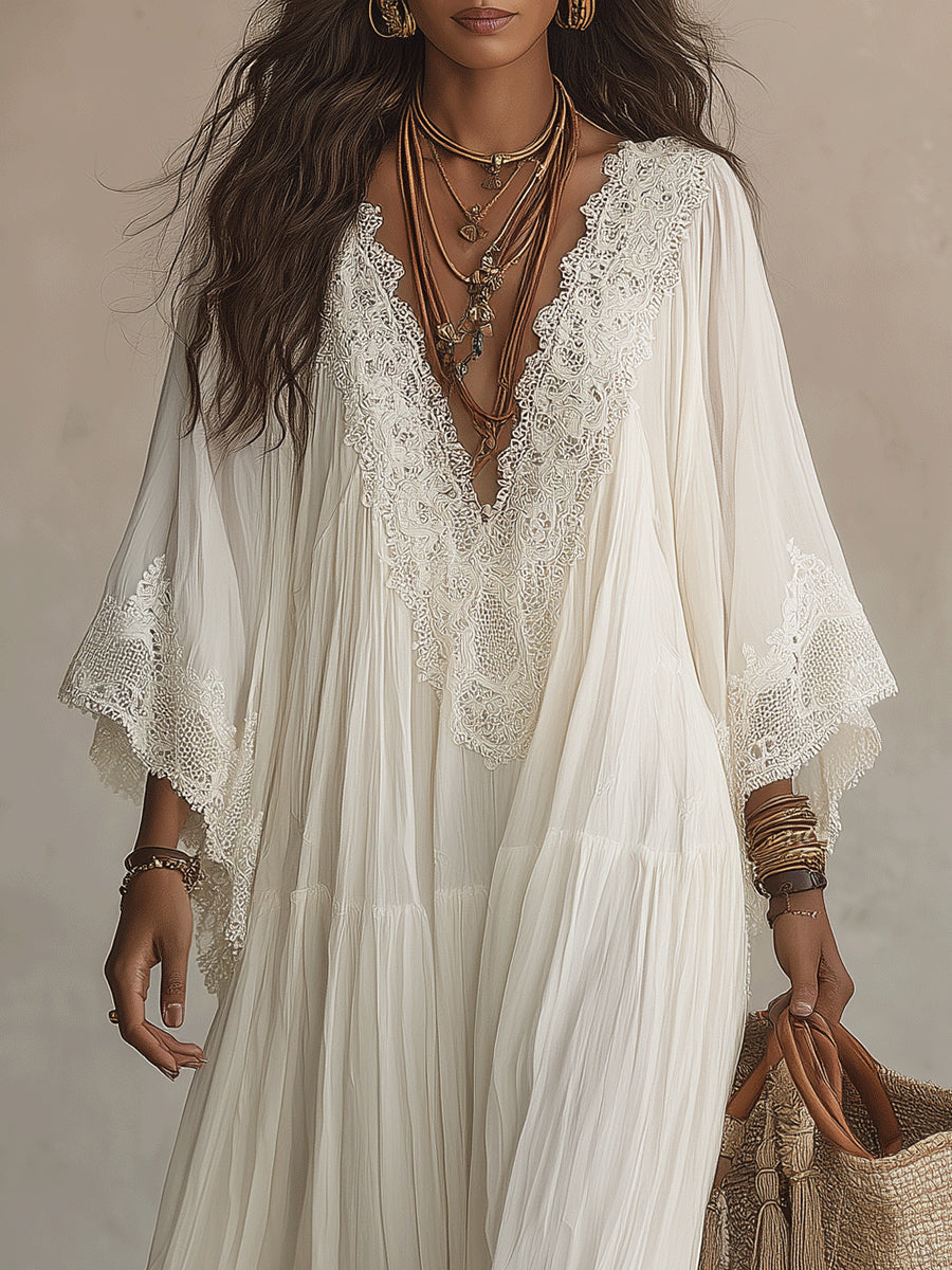 Shimmila – Maxi-kjole i Chiffon Med Batwing-ærmer og Blonder
