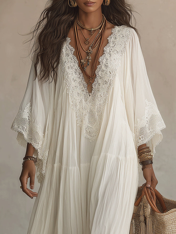 Shimmila – Maxi-kjole i Chiffon Med Batwing-ærmer og Blonder