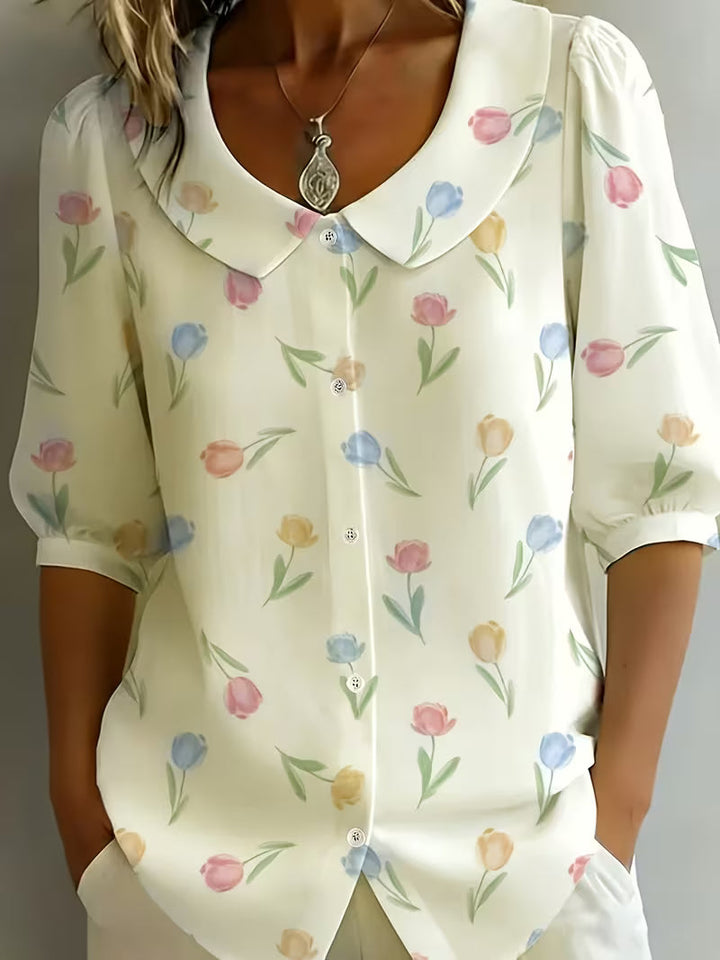 Alvique – Bluse Med Kort Ærme Og Blomsterprint På Kraven
