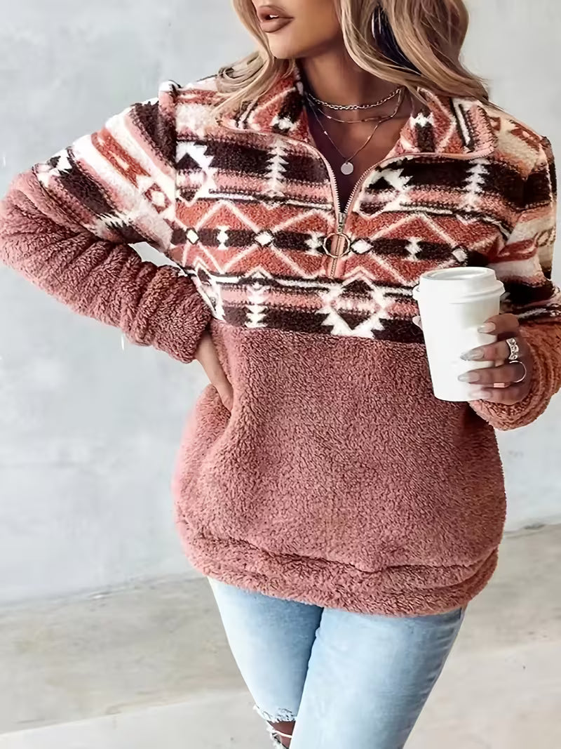 Limina – Teddy-Sweatshirt Med Halv Lynlås Og Geometrisk Mønster