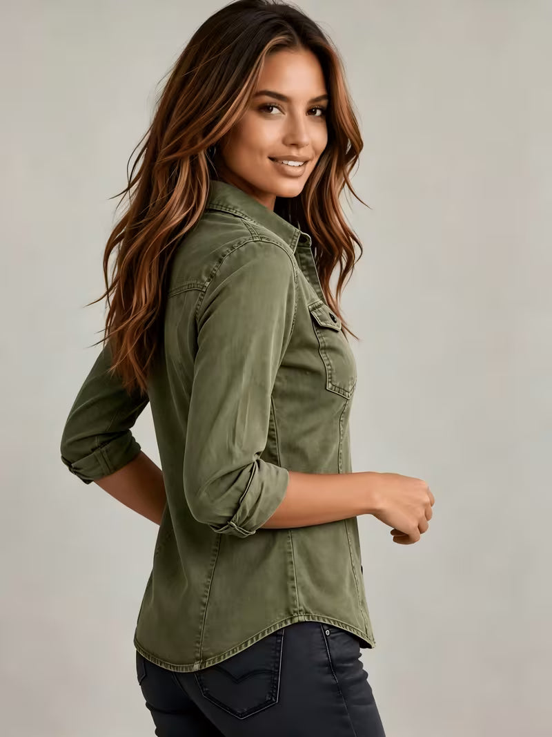 Rihana – Top i vintage-Denim Med Snøret Krave
