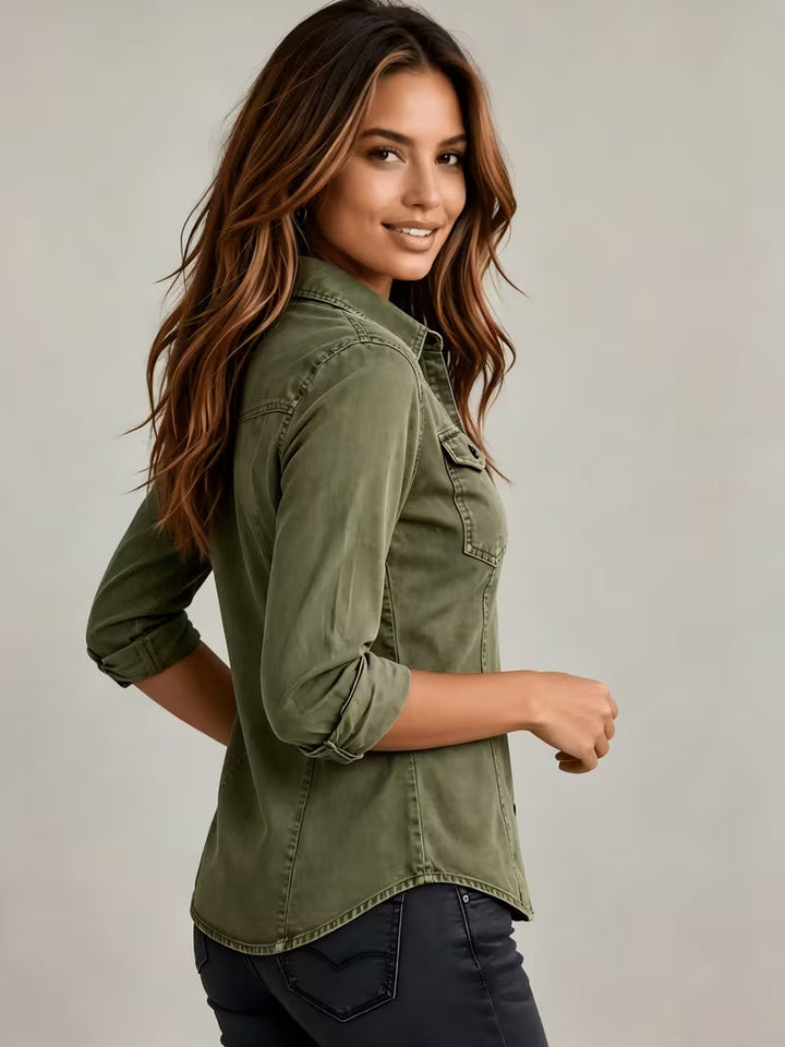 Rihana – Top i vintage-Denim Med Snøret Krave