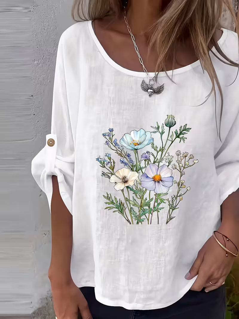 Sheril – Løs Bluse Med Blomstermønster og Rulleflapper ved Armerne