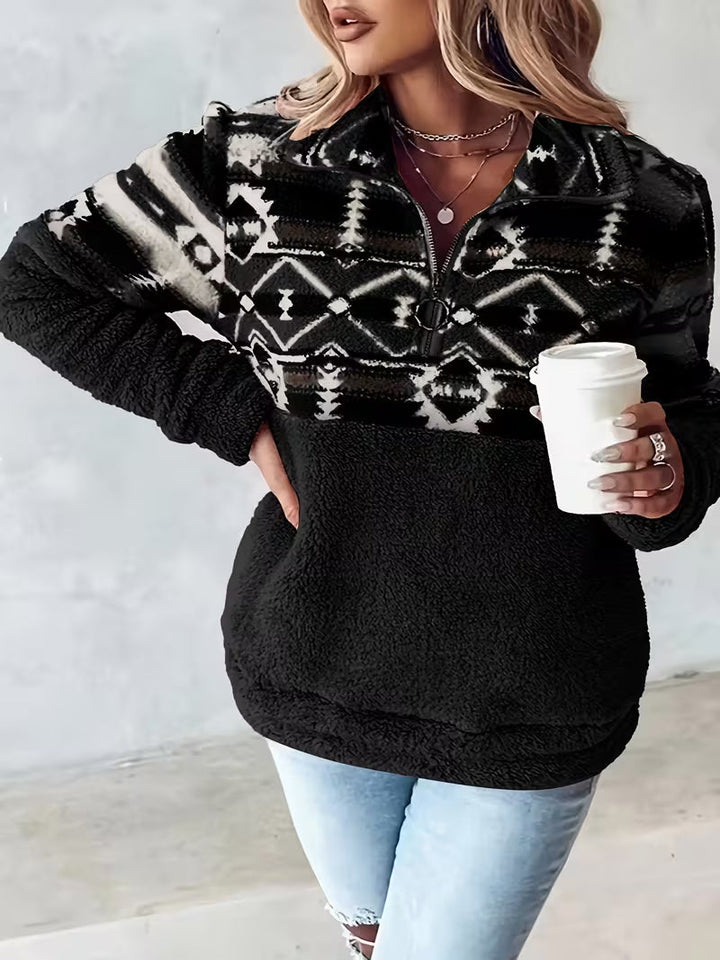 Limina – Teddy-Sweatshirt Med Halv Lynlås Og Geometrisk Mønster