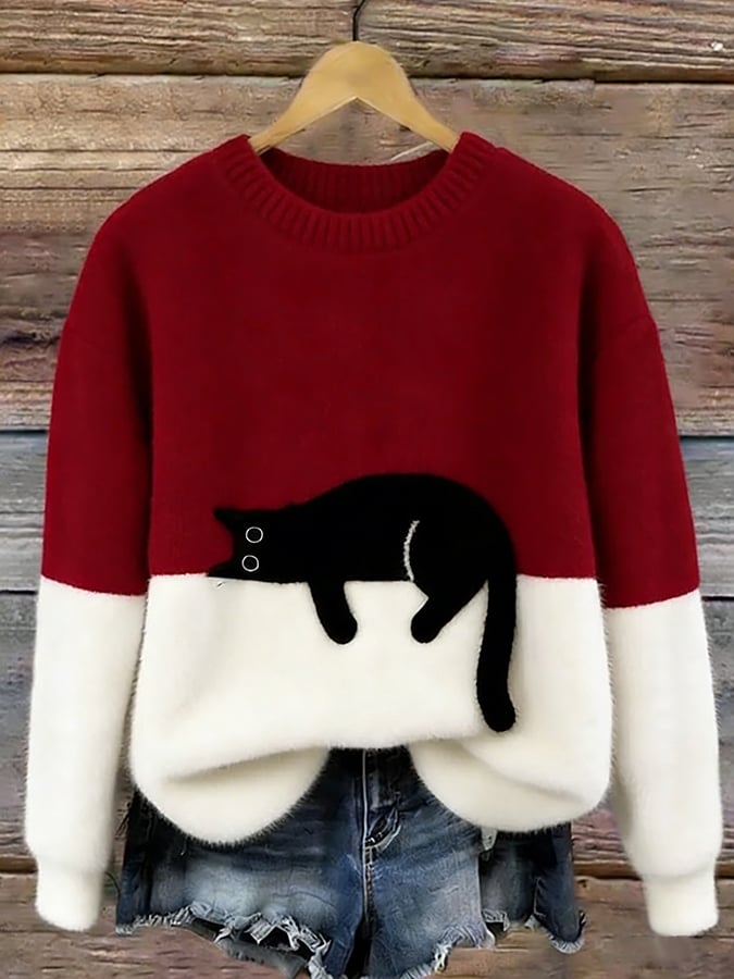 Aiste – Afslappet Sweater Med Katteprint