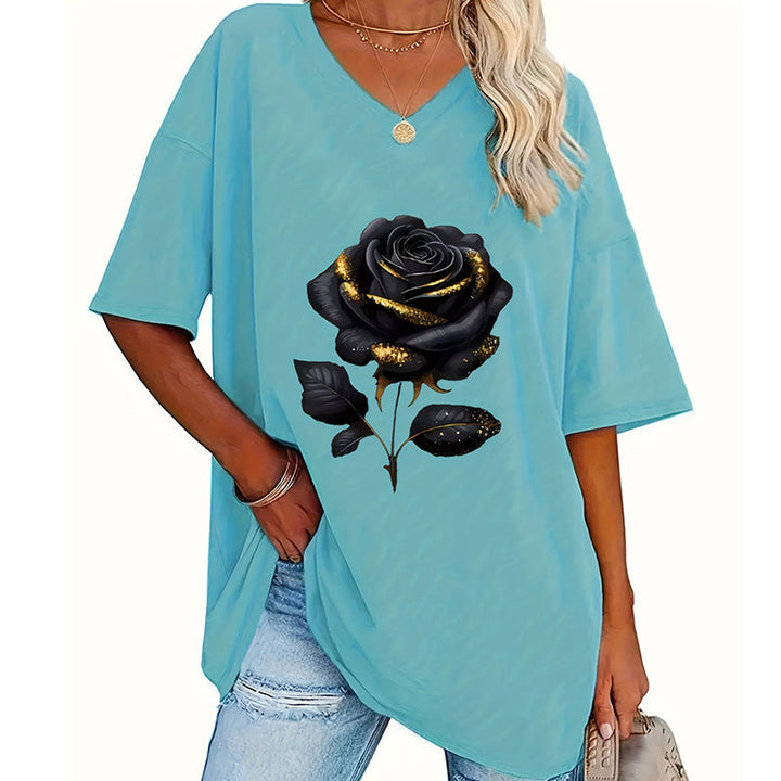 Aijia – T-shirt Med V-hals Og Rosenmønster