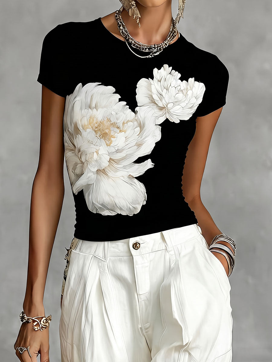 Lunessa – T-Shirt Med Rund Hals Og Tofarvet Blomsterprint