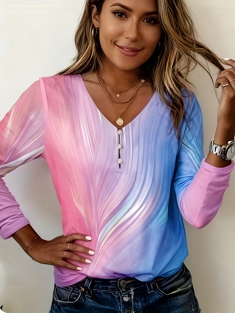 Filona – Top med V-udskæring og tie-dye-farveovergang