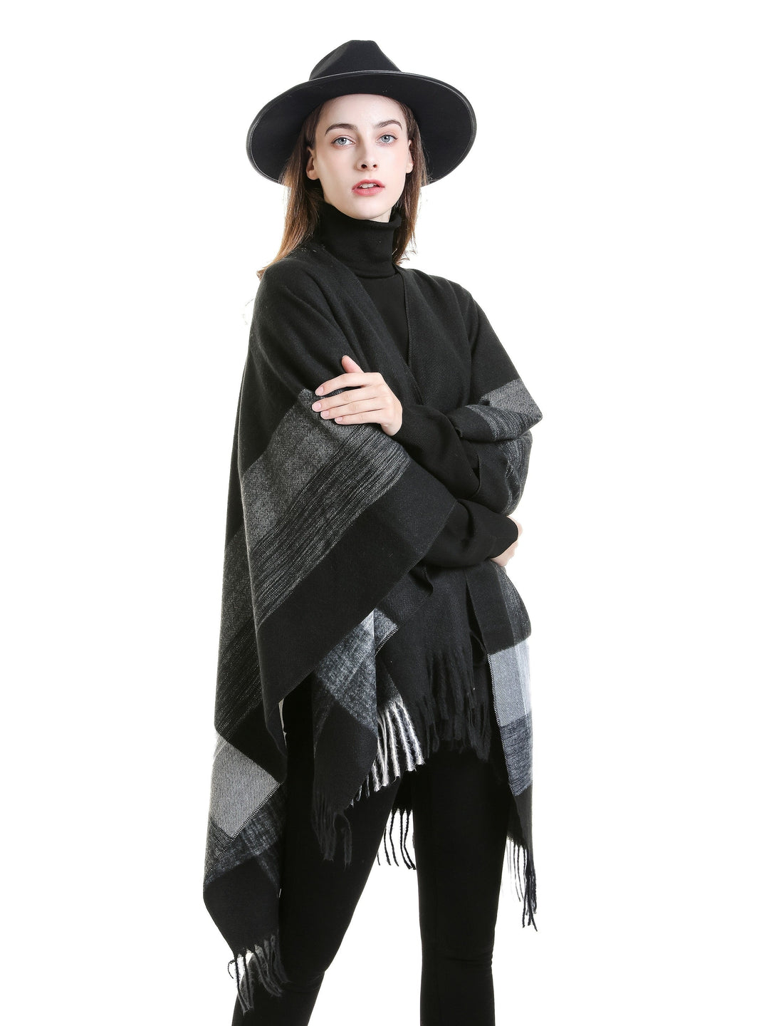 Kyrine - Geometric Pattern Fringed Poncho Shawl Wrap