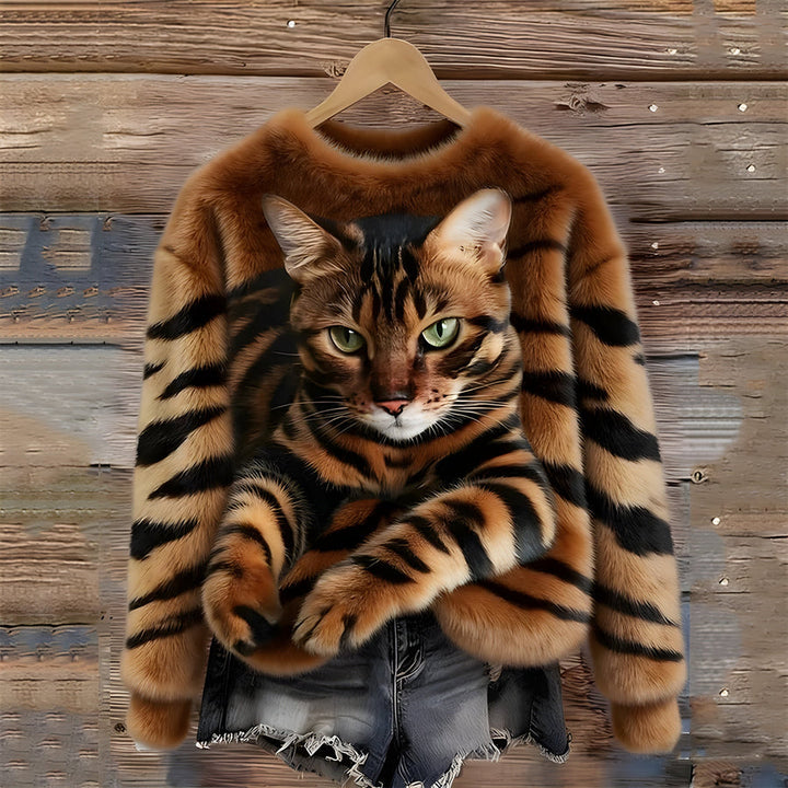 Zohara – Sweater I Imiteret Pels Med Katteprint