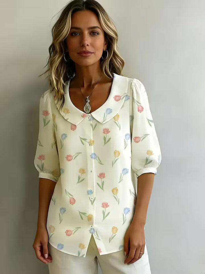 Alvique – Bluse Med Kort Ærme Og Blomsterprint På Kraven