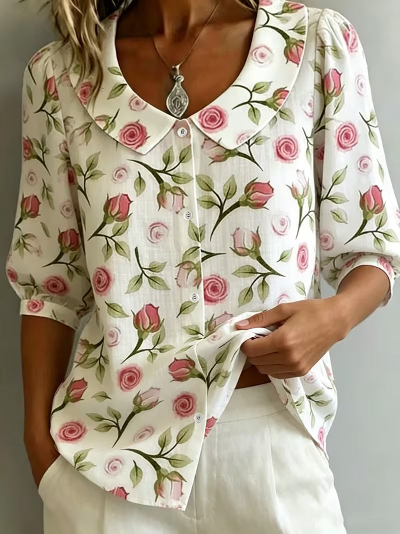 Alvique – Bluse Med Kort Ærme Og Blomsterprint På Kraven