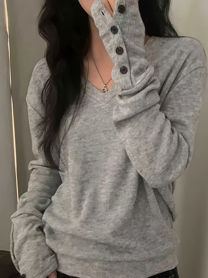 Kebina – Sweater Med V-udskæring, Ribkant Og Knapper Ved Håndleddene
