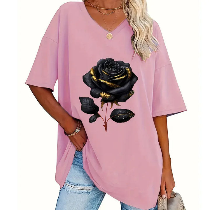 Aijia – T-shirt Med V-hals Og Rosenmønster