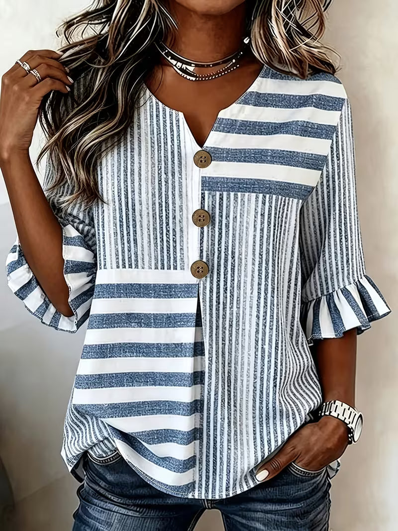 Avyra – Stribet Patchwork-bluse Med Flæseærmer Og Knapper