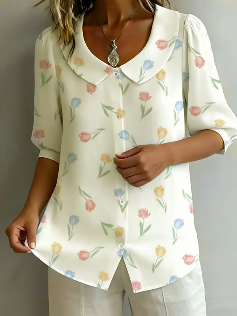 Alvique – Bluse Med Kort Ærme Og Blomsterprint På Kraven
