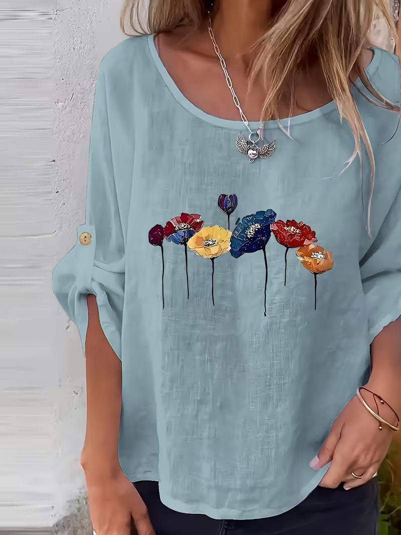 Sheril – Løs Bluse Med Blomstermønster og Rulleflapper ved Armerne