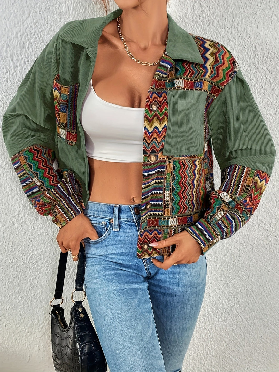 Amelina – Boho-inspireret Patchwork-jakke I Fløjl Med Knapper