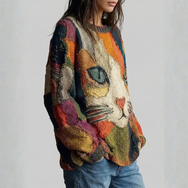 Chaya – Afslappet, Kunstnerisk Patchwork-Top Med Katteansigt