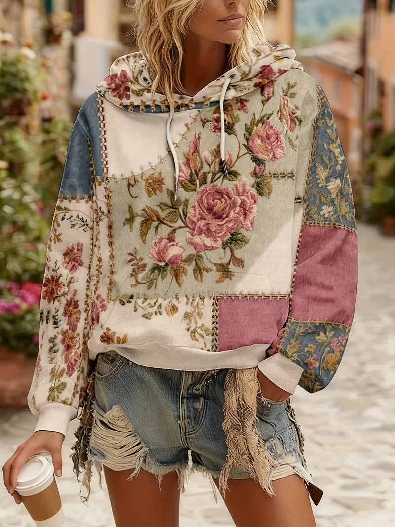 Norella – Langærmet Hættetrøje Med Blomstermønster I Patchwork