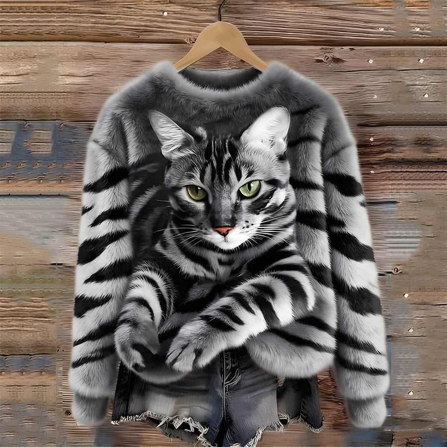 Zohara – Sweater I Imiteret Pels Med Katteprint