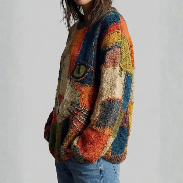 Chaya – Afslappet, Kunstnerisk Patchwork-Top Med Katteansigt