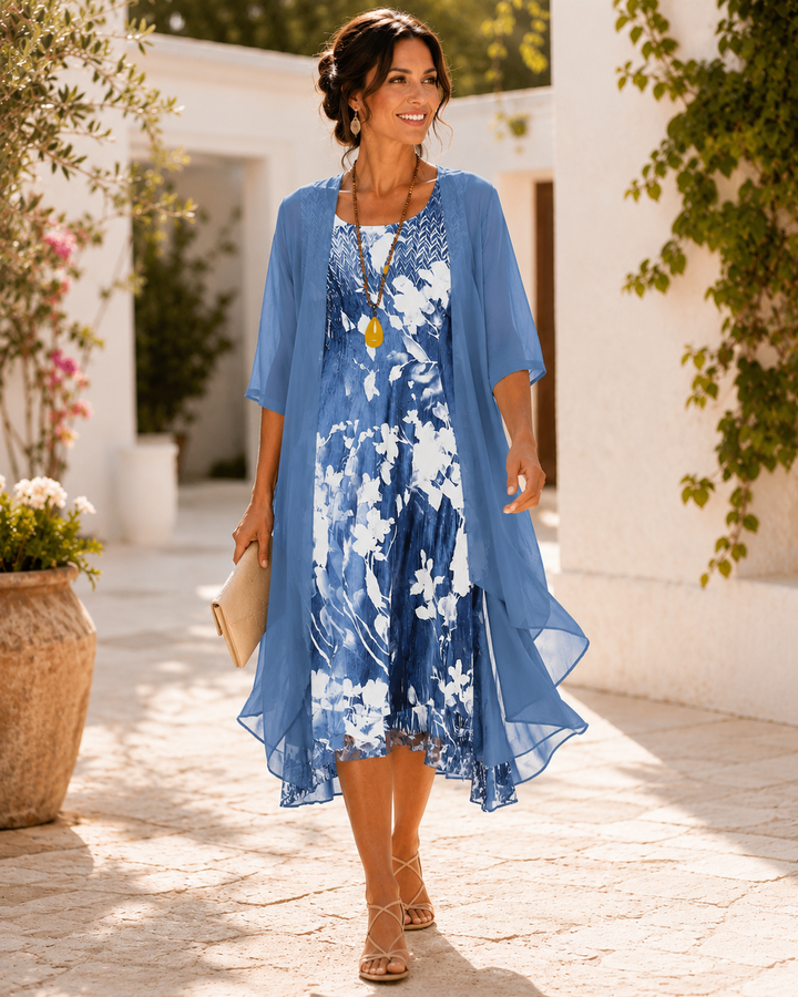 Willina – To-Delt Midi-Jjole i Chiffon Med Blomster Udskriv
