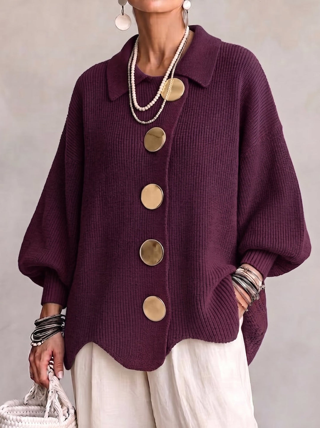 Shiryl – Langærmet Strikket Cardigan Med Krave og Knapper