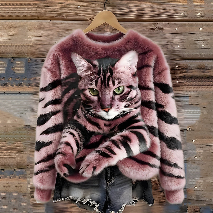 Zohara – Sweater I Imiteret Pels Med Katteprint