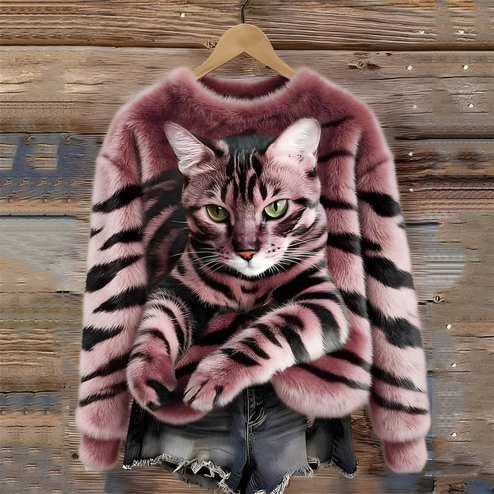 Zohara – Sweater I Imiteret Pels Med Katteprint