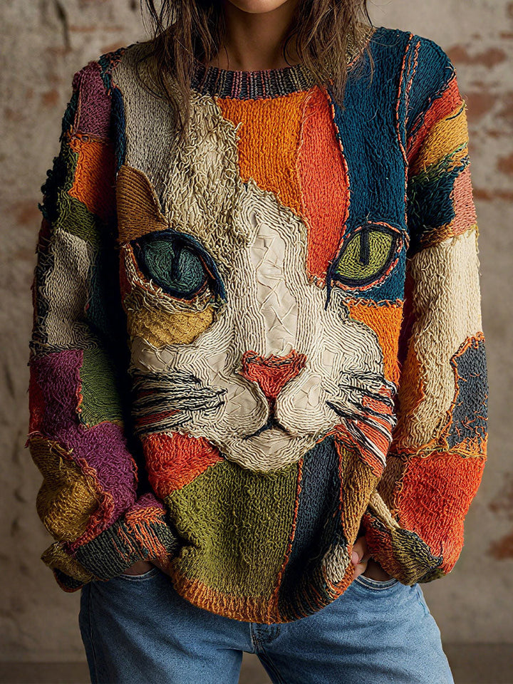 Chaya – Afslappet, Kunstnerisk Patchwork-Top Med Katteansigt