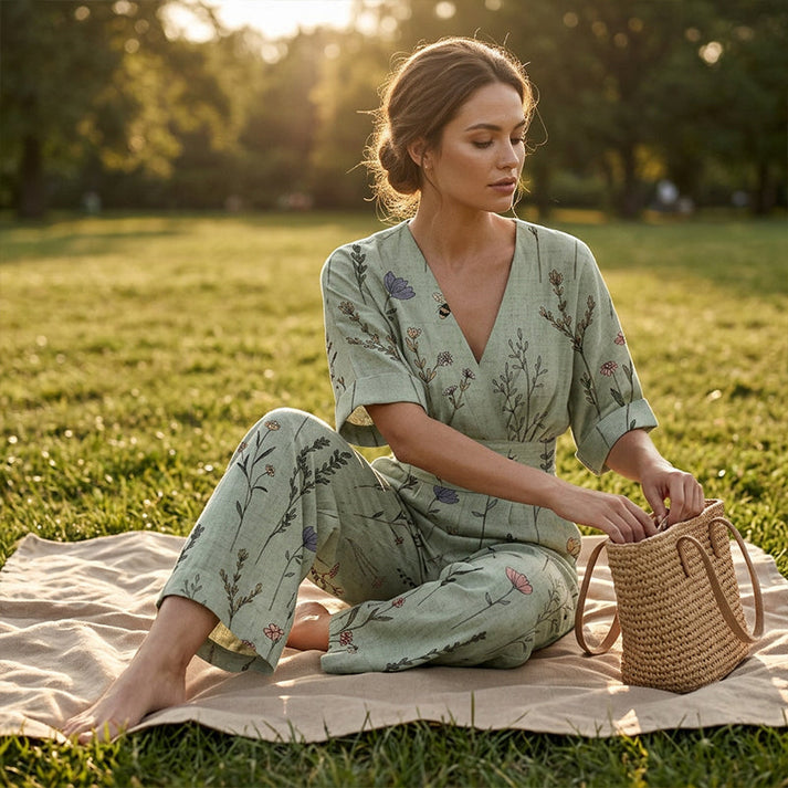 Sinem - Elegant Jumpsuit Med V-udskæring Og Mønster