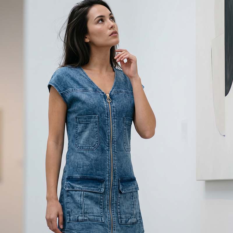 Esinila – Denim Kjole Med Korte ærmer Og Lynlås