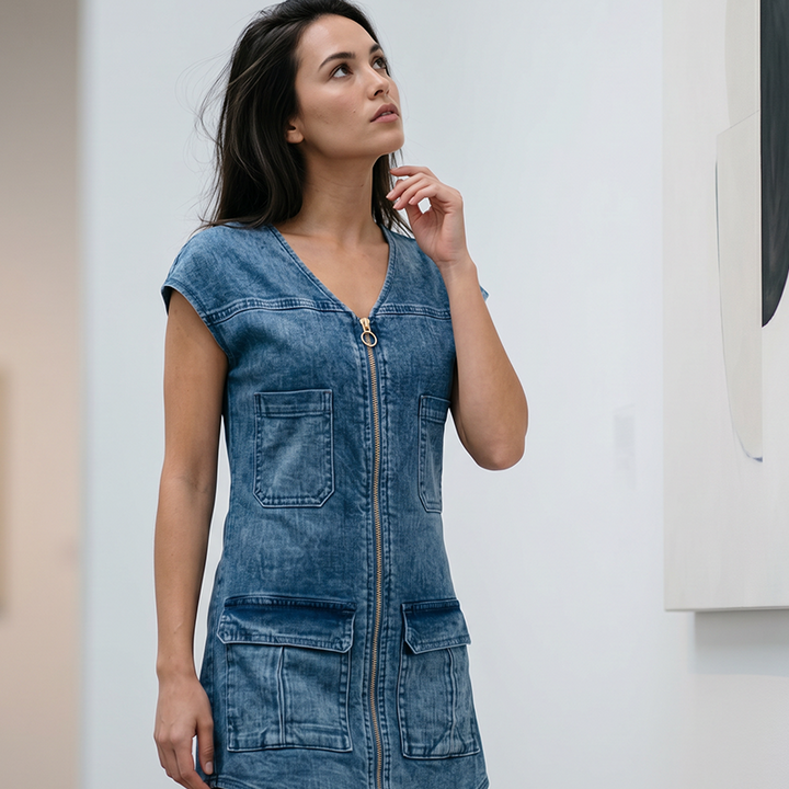 Esinila – Denim Kjole Med Korte ærmer Og Lynlås