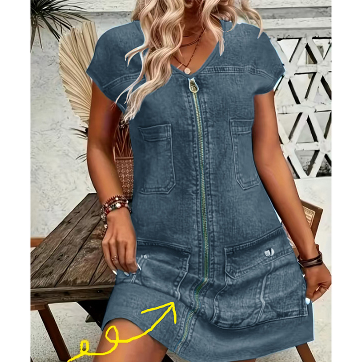 Esinila – Denim Kjole Med Korte ærmer Og Lynlås