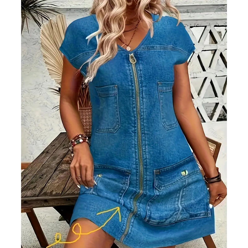 Esinila – Denim Kjole Med Korte ærmer Og Lynlås