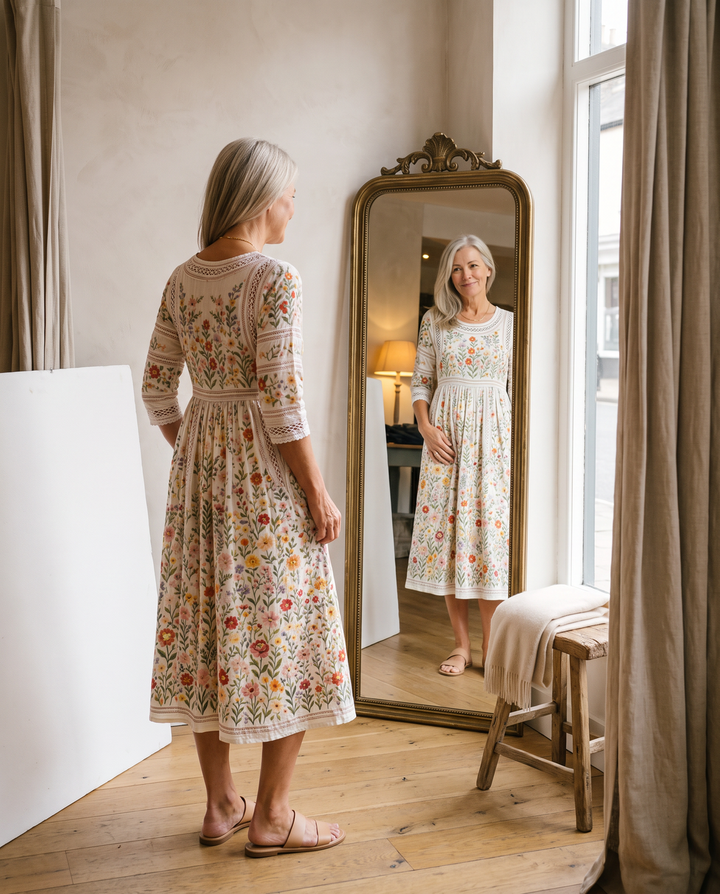 Lejina – Midi-Kjole Med Blomstereng-Motiv