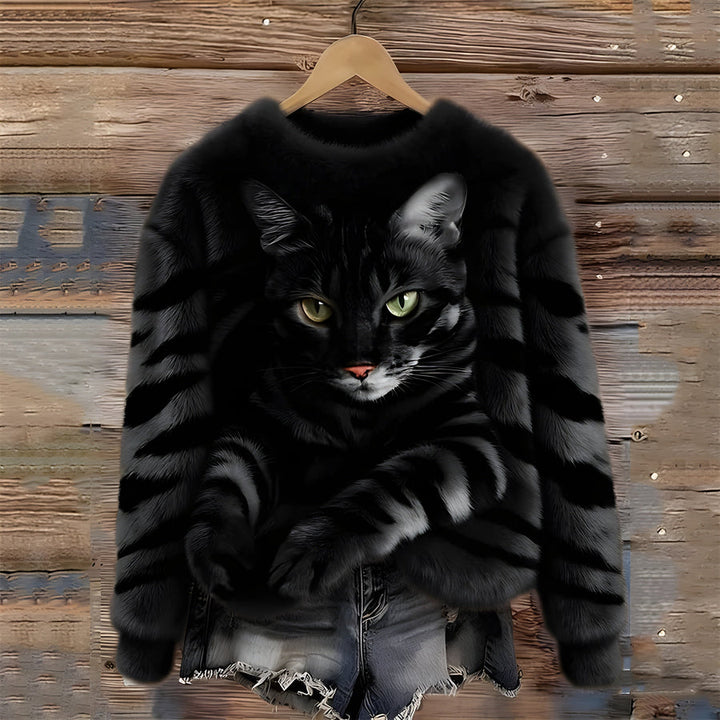 Zohara – Sweater I Imiteret Pels Med Katteprint
